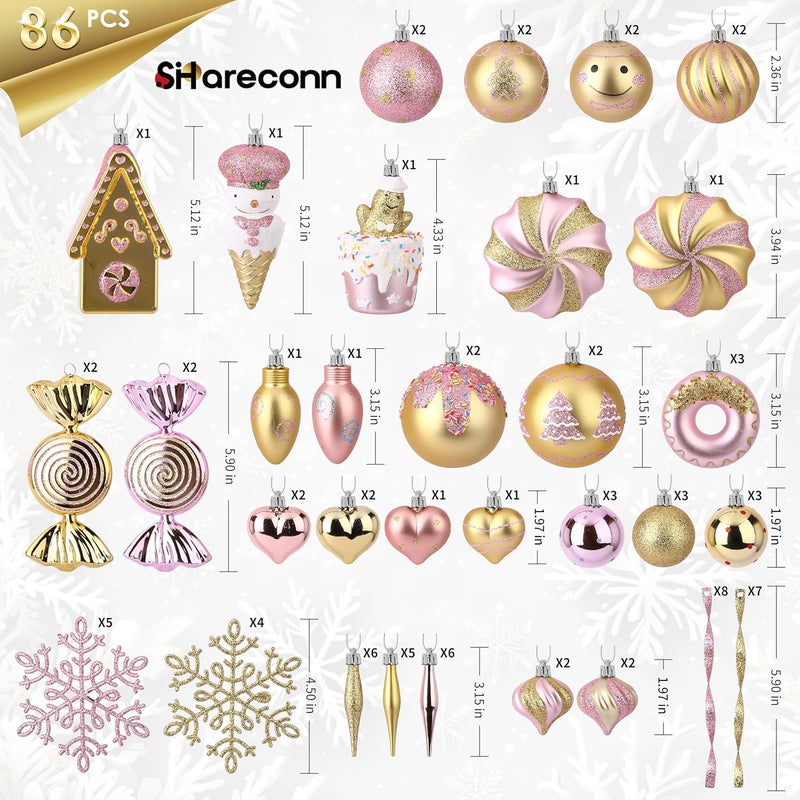 SHareconn 86pcs Christmas Tree Balls Ornaments, Shatterproof Plastic Decorative Baubles for Christmas Tree Decorations, Holiday Wedding Party Decoration, Festive Ornaments,Pink Gold - Image 2